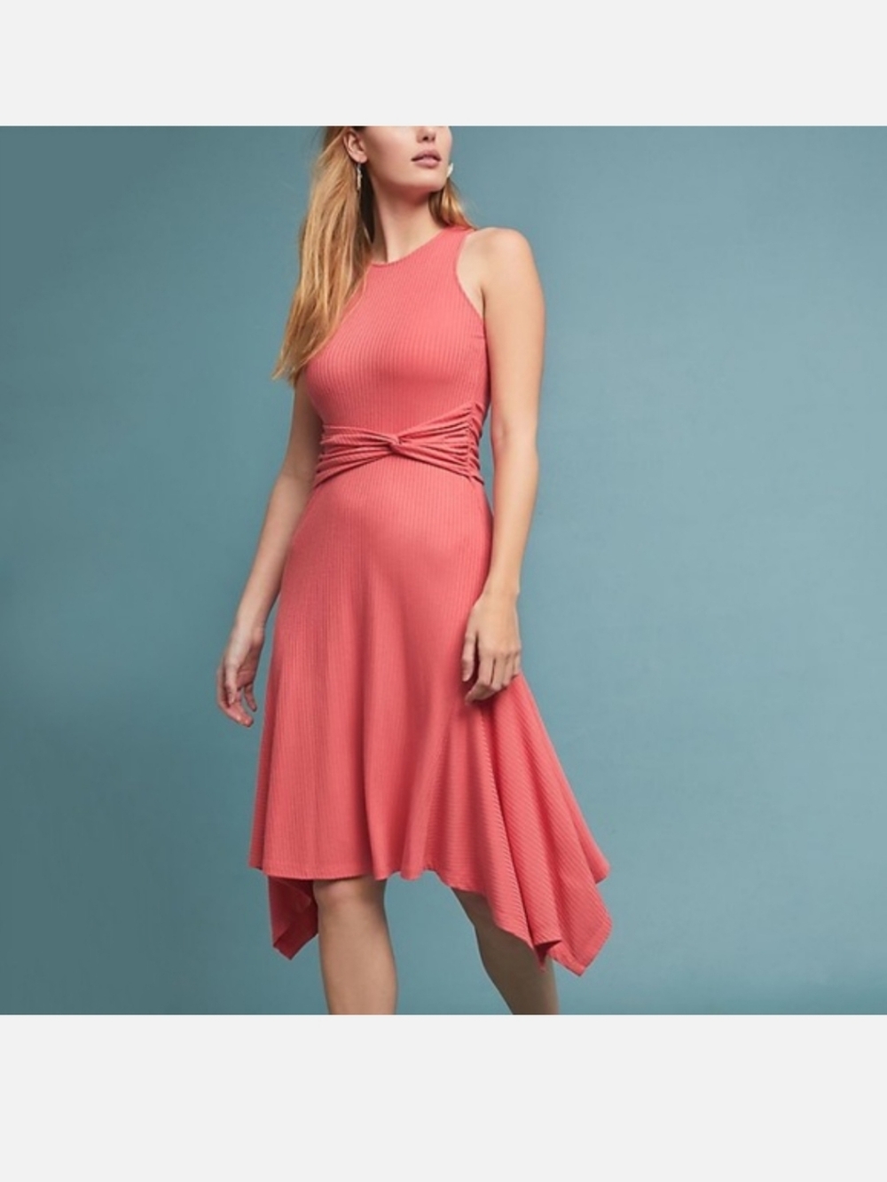 Anthropologie Coral Pink Ribbed Asymmetrical Midi‎ Dress XS balletcore